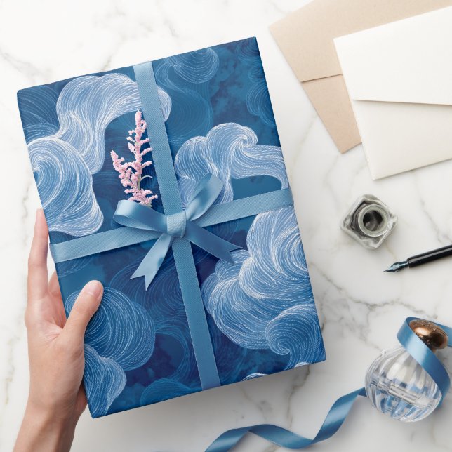 Ocean Wave Deep Blue Mist White Abstract Pattern Wrapping Paper (Gifting)