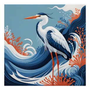 ocean wave heron poster