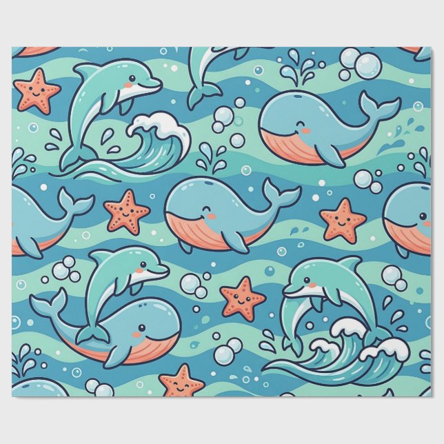 Ocean Wave Pattern Dolphin Wrapping Paper (Flat)