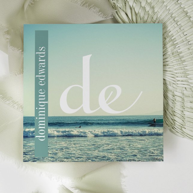 Ocean Wave QR Professional Monogram White Square Business Card (Creator Uploaded)