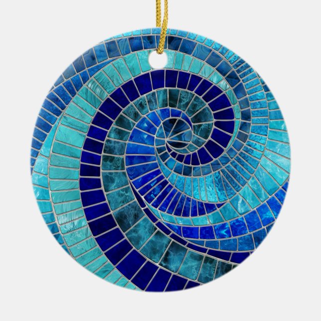 Ocean Wave Spiral mosaic art Ceramic Tree Decoration (Front)