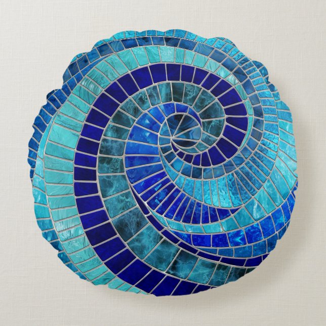 Ocean Wave Spiral mosaic art Round Cushion (Front)