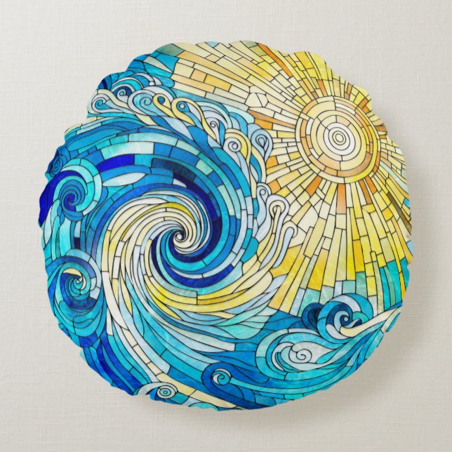 Ocean Wave Sun mosaic art Round Cushion (Front)