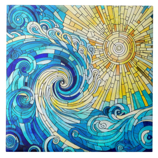 Ocean Wave Sun mosaic art Tile (Front)