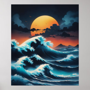 Ocean Wave Sunset Asia Style Poster