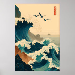 Ocean Wave Wall Art Vintage Japanese Style - Green