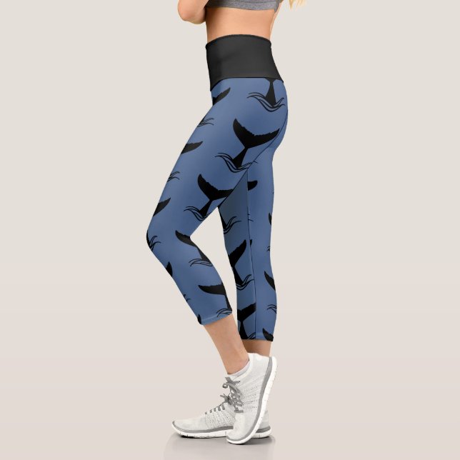 Ocean Wave Whale Tail Silhouette Capri Leggings (Left)
