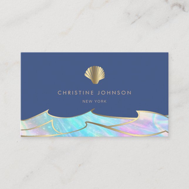 ocean waves and seashell logo on blue business card (Front)