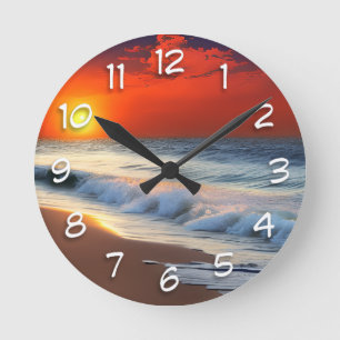 Ocean Waves and Sunset on Sandy Shower Round Clock