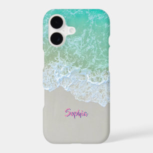 Ocean Waves, Beach Sand, Pink Script Name