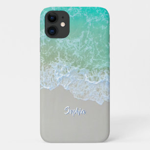 Ocean Waves, Beach Sand, White Script Name iPhone 11 Case