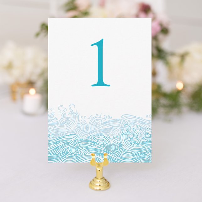 Ocean Waves Beach Wedding Aqua Blue Table Number (Beach Wedding Table Number with Aqua Blue Waves from Nautical Stationery designer Concertina Press)