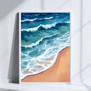 Ocean Waves Blue Watercolor Coastal Poster