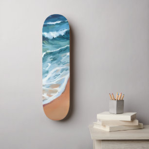 Ocean Waves Blue Watercolor Coastal Skateboard