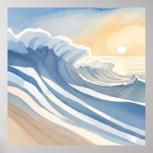 Ocean Waves   Blue Watercolor  Poster