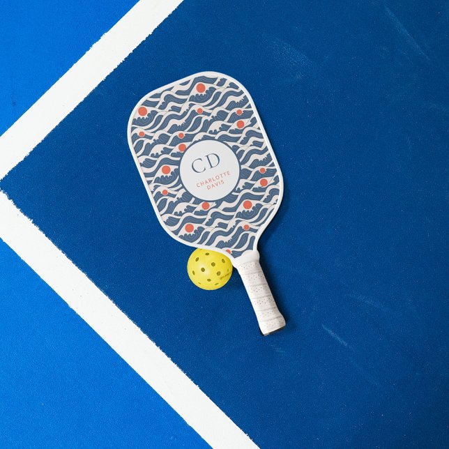 Ocean waves blue white orange sun monogram pickleball paddle (Creator Uploaded)
