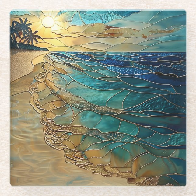 Ocean Waves Coastal Art Decor Glass Coaster (Front)