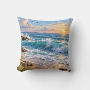 Ocean Waves Coastal Sunset Cushion