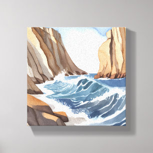 Ocean Waves Crashing   Coastal Beach Watercolor Canvas Print