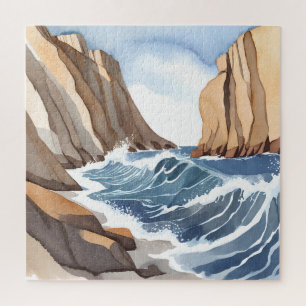 Ocean Waves Crashing Coastal Beach Watercolor Jigsaw Puzzle