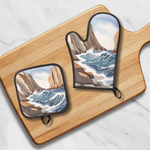 Ocean Waves Crashing Coastal Beach Watercolor Oven Mitt & Pot Holder Set