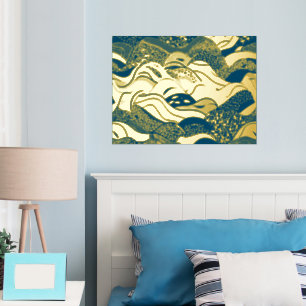 Ocean Waves Gold Foil With a Dark Blue Background Prints