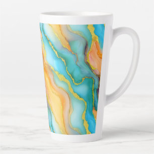  Ocean Waves in Teal and Yellow-Orange Pattern Latte Mug