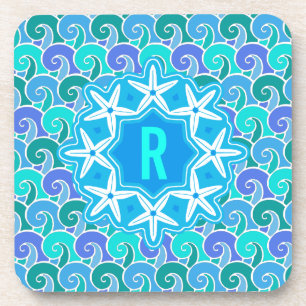 Ocean Waves Nautical Beach Starfish Monogram Blue Coaster