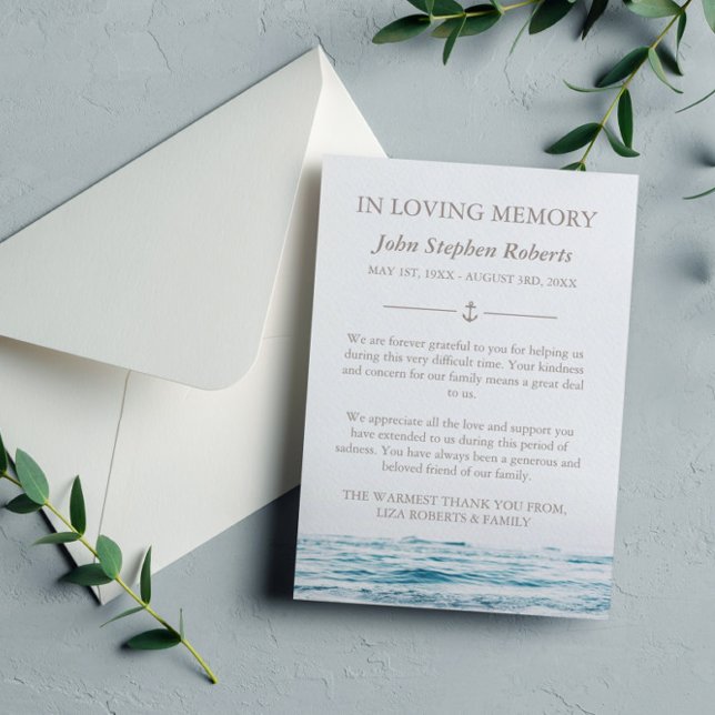 Ocean Waves Nautical Sympathy With Photo Thank You Card (Creator Uploaded)