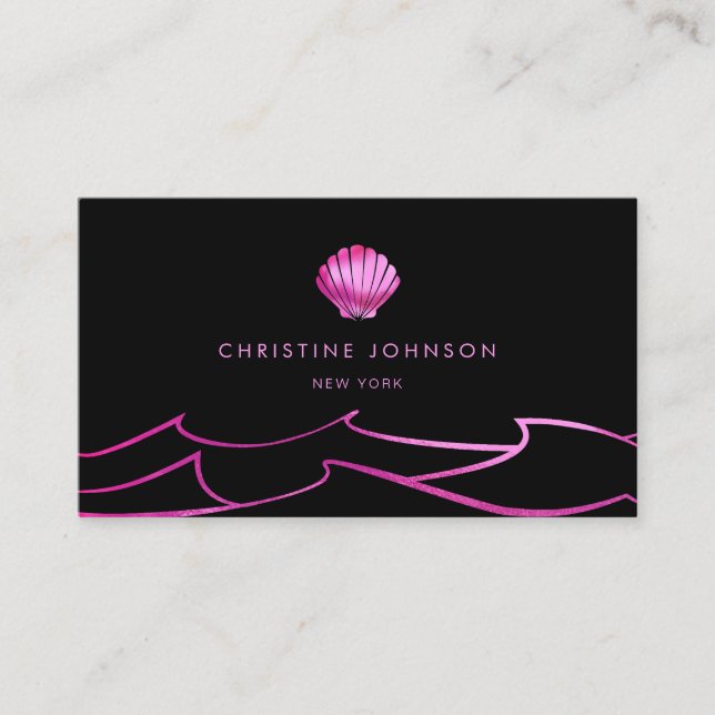 ocean waves neon pink seashell business card (Front)