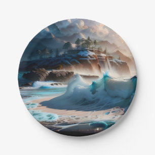 Ocean waves on the beach scene paper plate