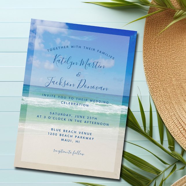 Ocean Waves Photo Chic Tropical Beach Blue Wedding Invitation (Creator Uploaded)