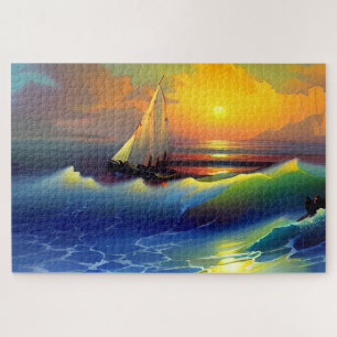 Ocean Waves, Sailboat and Sunset Reflection Jigsaw Puzzle