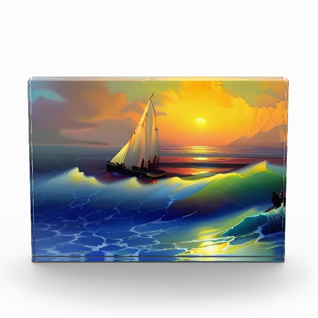 Ocean Waves, Sailboat and Sunset Reflection Photo Block (Front)