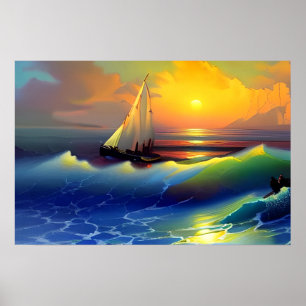 Ocean Waves, Sailboat and Sunset Reflection Poster
