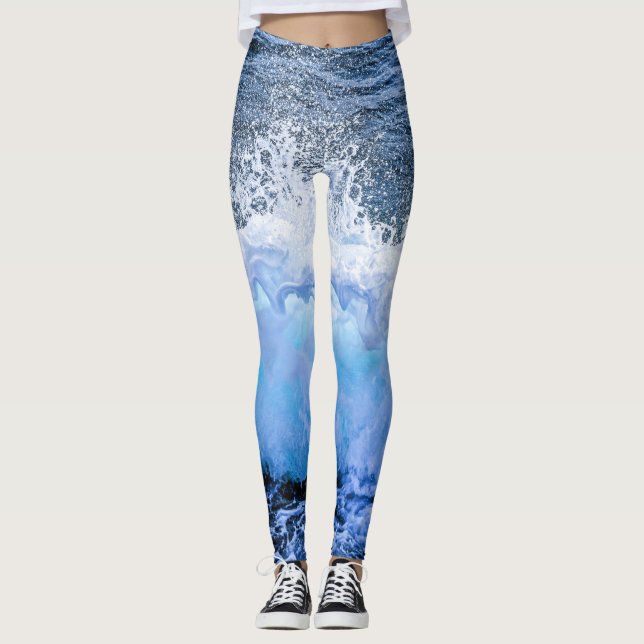 Ocean Waves Sea Coastal Aqua Nautical Beach Sea Leggings (Front)