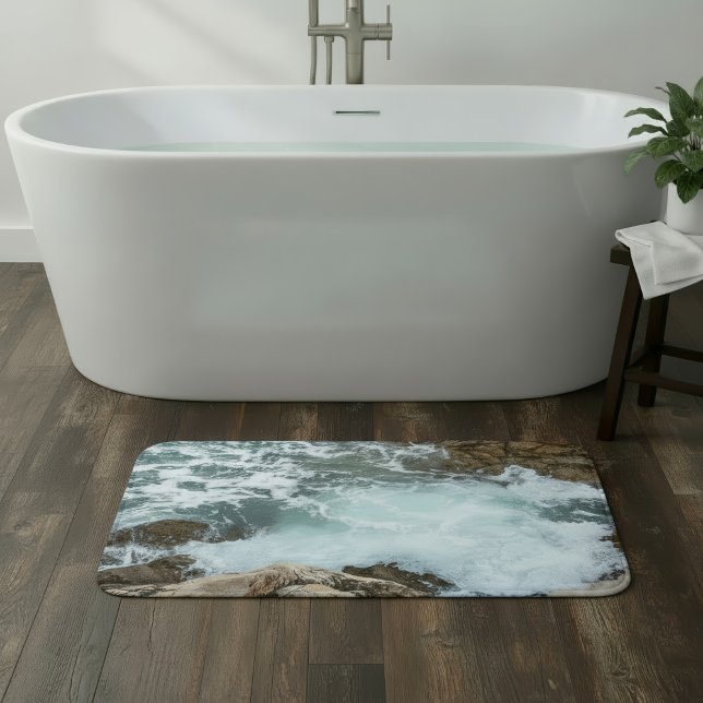 Ocean Waves Seafoam on Rocky Coast Bath Mat (Creator Uploaded)