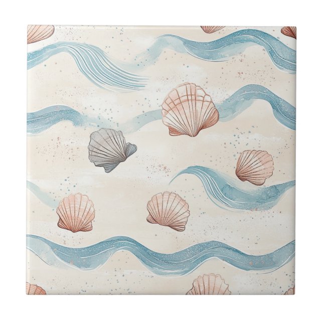 Ocean Waves Seashell Pattern Tile (Front)