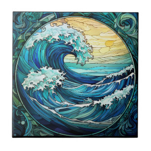 Ocean Waves Stained Glass Ceramic Tile
