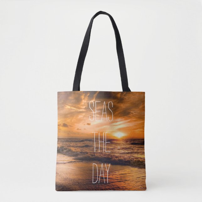 Ocean Waves Sunrise Seas the Day Quote Tote Bag (Front)