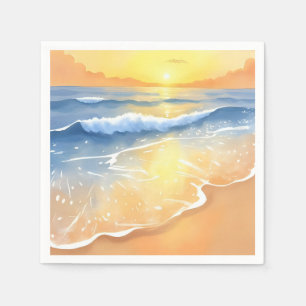 Ocean Waves Sunset Beach Watercolor Napkin