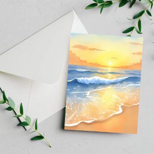 Ocean Waves Sunset Beach Watercolor Painting Card
