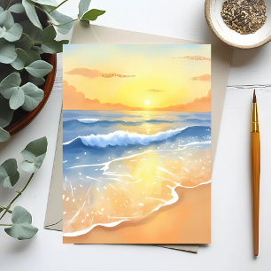 Ocean Waves Sunset   Beach Watercolor Postcard