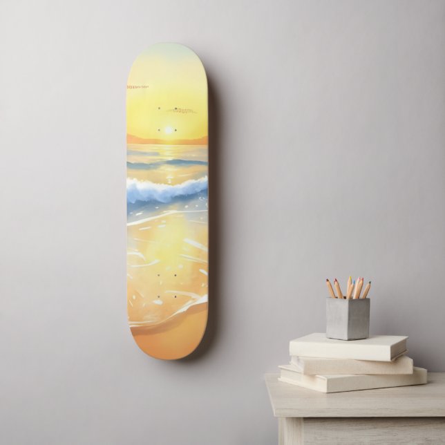 Ocean Waves Sunset | Beach Watercolor Skateboard (Wall Art)