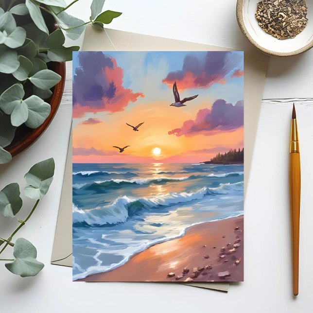 Ocean Waves Sunset | Oil Painting Coastal Beach Postcard (Creator Uploaded)