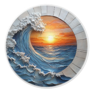 Ocean Waves Sunset Tile Scene Ceramic Knob