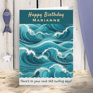 Ocean Waves Surfing Custom Name Happy Birthday Card