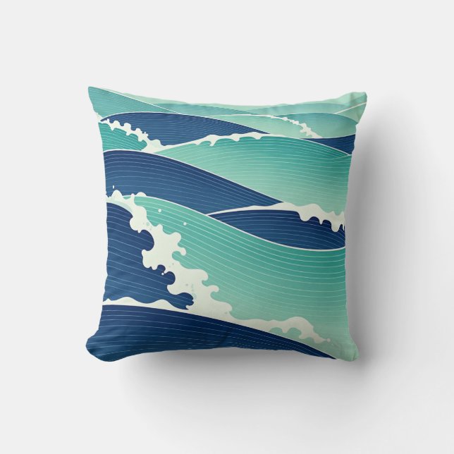 Ocean Waves Teal Blue Japanese Style Cushion (Front)