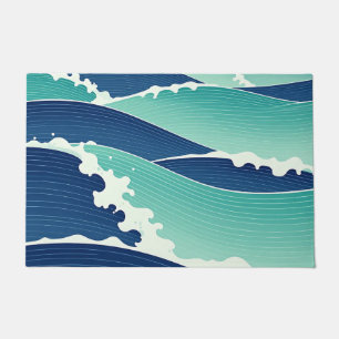 Ocean Waves Teal Blue Japanese Style Doormat