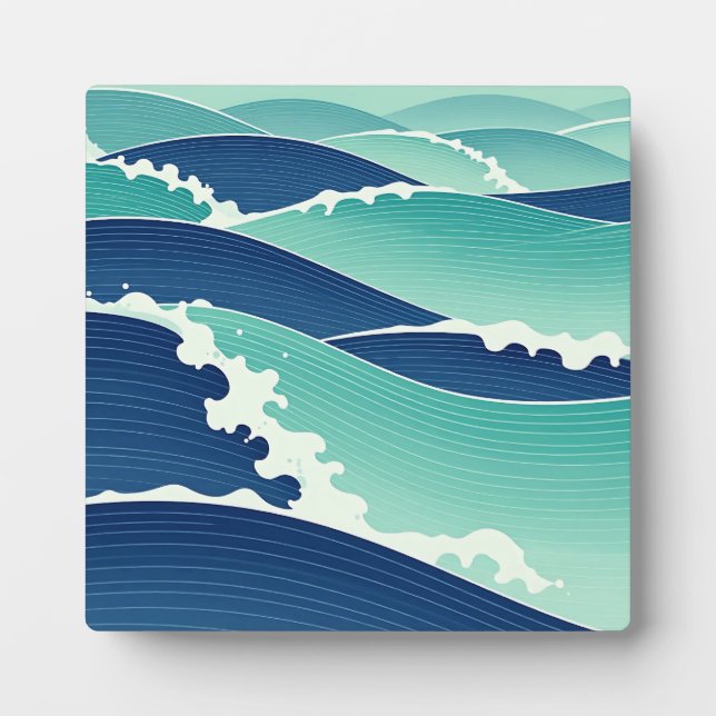 Ocean Waves Teal Blue Japanese Style Plaque (Front)
